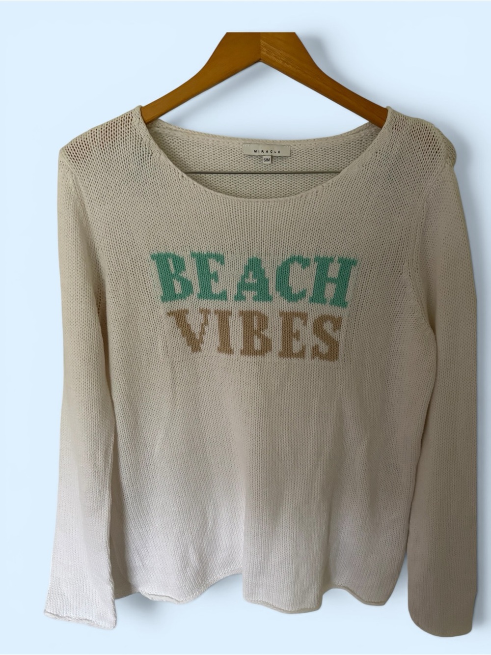 Miracle White Knit 'Beach Vibes' Crewneck Sweater with Teal & Tan Lettering